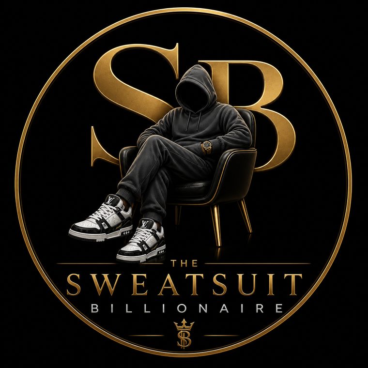 The Sweatsuit Billionaire emblem: a hooded figure in a black sweatsuit seated in front of gold SB letters